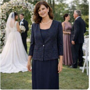 Karen Miller New York Navy 2pc Long Formal Gown Jacket Dress Suit M/L Wedding